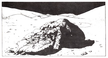Figure 2: Artist's drawing from Apollo 13 photograph of scene in figure 1. Note that all exposed surfaces have been worn and rounded by erosion. Exposed surfaces of the boulder in the foreground have a substantial cover of dirt.