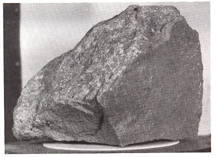 Figure 3: NASA moon rock 14310. This rock was found partially buried on the moon's surface where it had lain since being broken off a larger rock. The surfaces that were buried are angular and unmarked. The exposed surface, in contrast, is covered with many small pits that were made by small space dust particles striking at speeds up to 10 kilometers per second (11,000 miles per hour). This slow process, which has rounded the exposed surface, accounts for nearly all lunar erosion. The rock is about 19 centimeters (71/2 inches) wide.